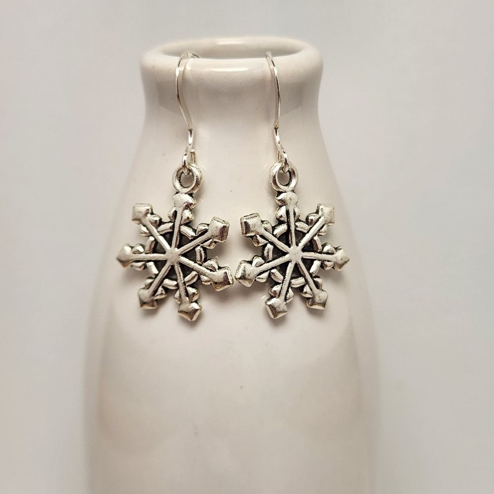 Tibetan Silver Snowflake Winter Earrings Sterling Silver Earwires Handmade By Me